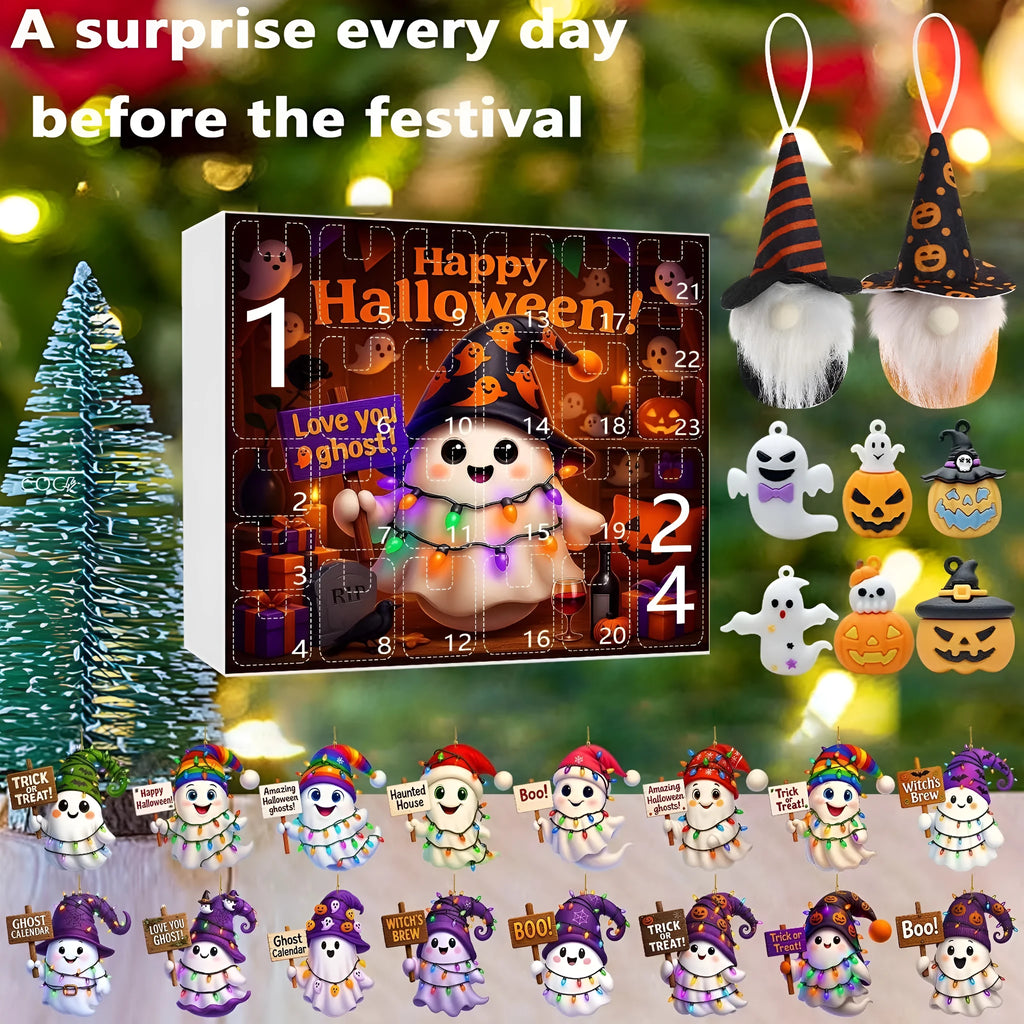 Ghost pumpkin doll blind box set with 16 pendants, 6 PVC figurines, and 2 plush dolls for Halloween and Christmas tree dress up
