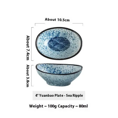 Oval Japanese ceramic sauce dipping bowl with traditional Edo pattern design
