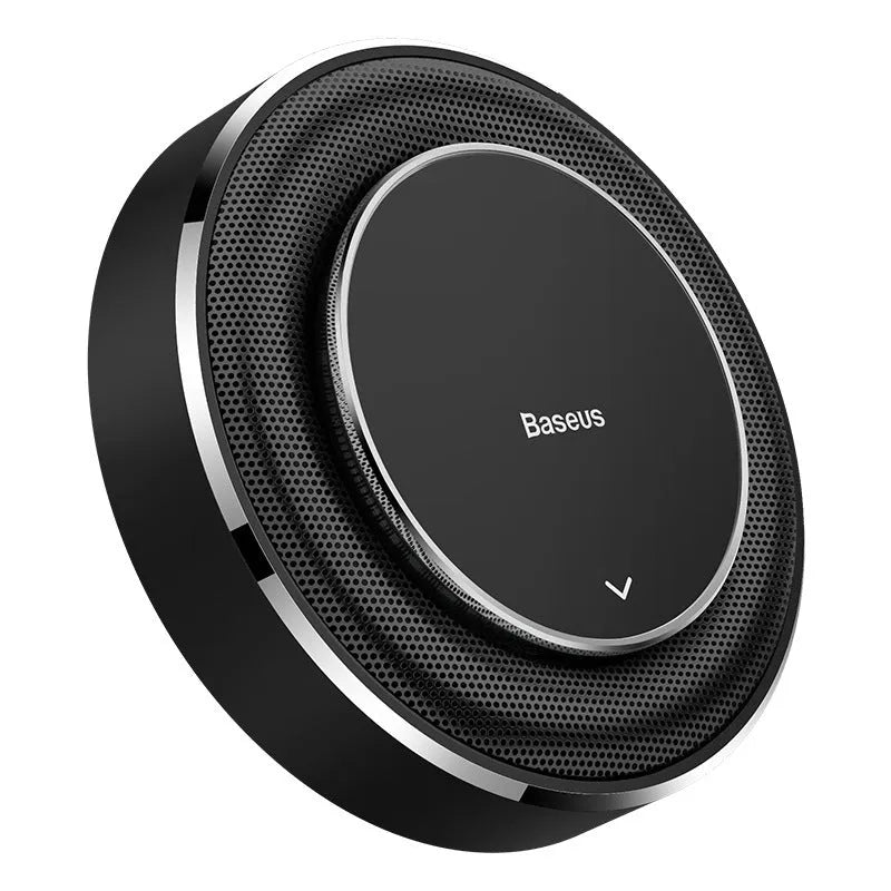 Round aluminium alloy car fragrance in black red or silver colours with seat-type placement