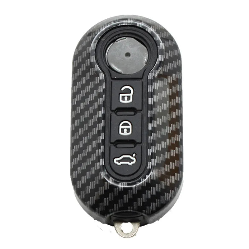 Fiat 500 Boyue Ottimo Viaggio carbon fibre design remote key case in black, red, and dark blue colours.