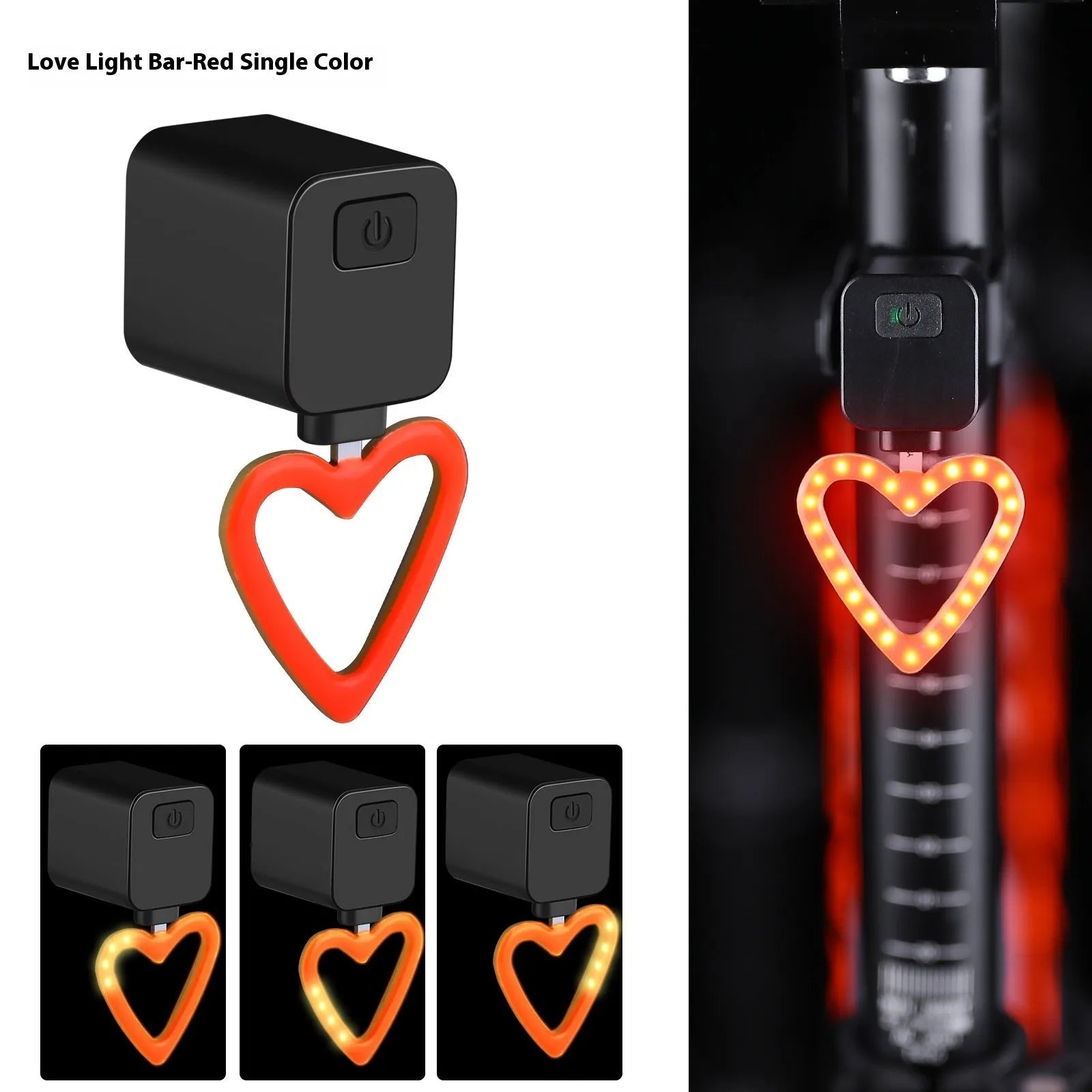 USB rechargeable bicycle running water tail light with silicone strap mount on a bike seat tube.