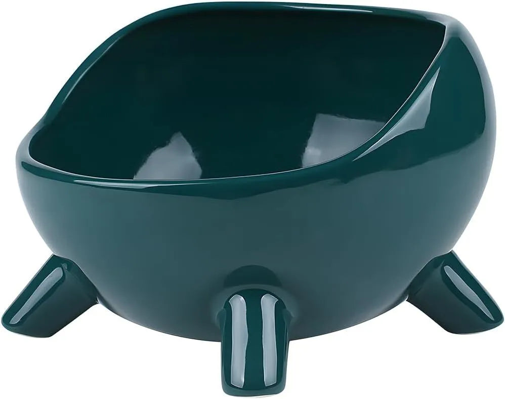 Green ceramic pet bowl with four legs and rounded splatter guard for cats and small dogs
