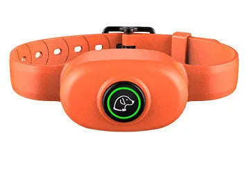 Waterproof rechargeable remote dog training collar in black and orange with adjustable strap