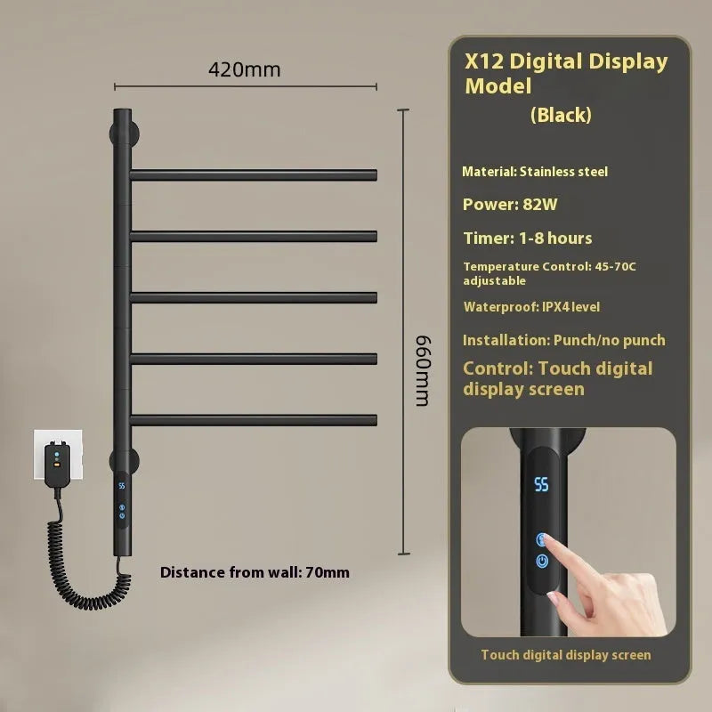 5-layer stainless steel electric towel rack in black with punch-free mounting and WiFi control