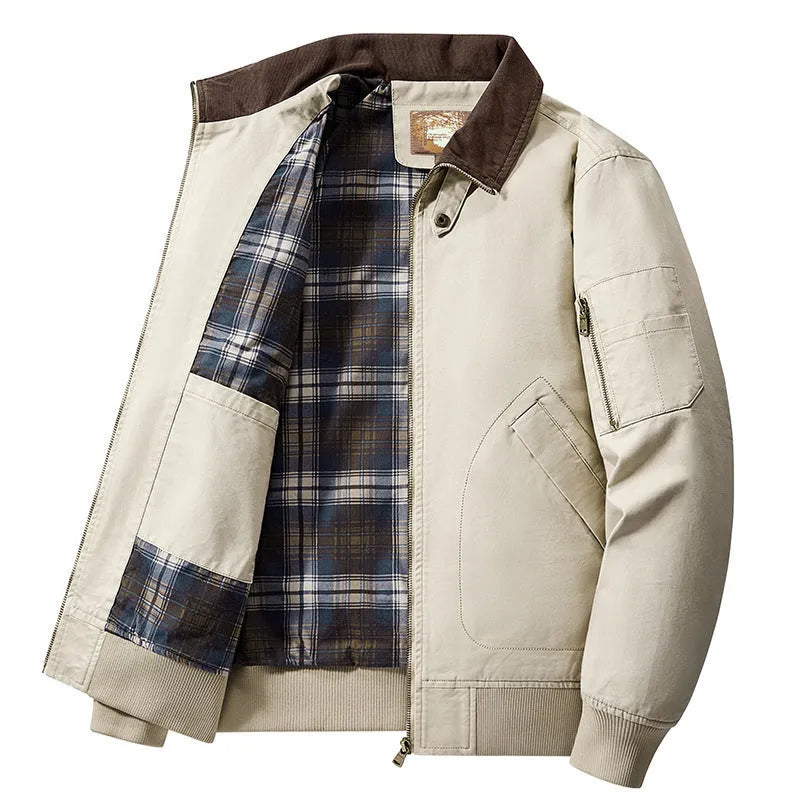 Men's plus size washed cotton baseball style flight jacket in army green