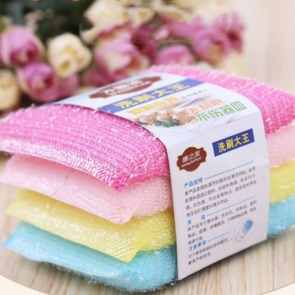 Macaron coloured pinstripe fabric dishwashing sponge mop with plastic handle on a kitchen surface.