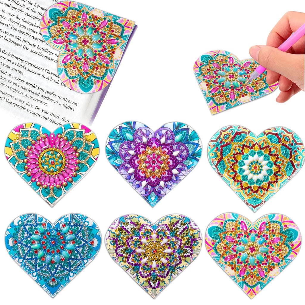 Set of six purple PU leather handmade bookmarks with crystal and flower decorations on a white background.
