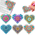 Set of six purple PU leather handmade bookmarks with crystal and flower decorations on a white background.