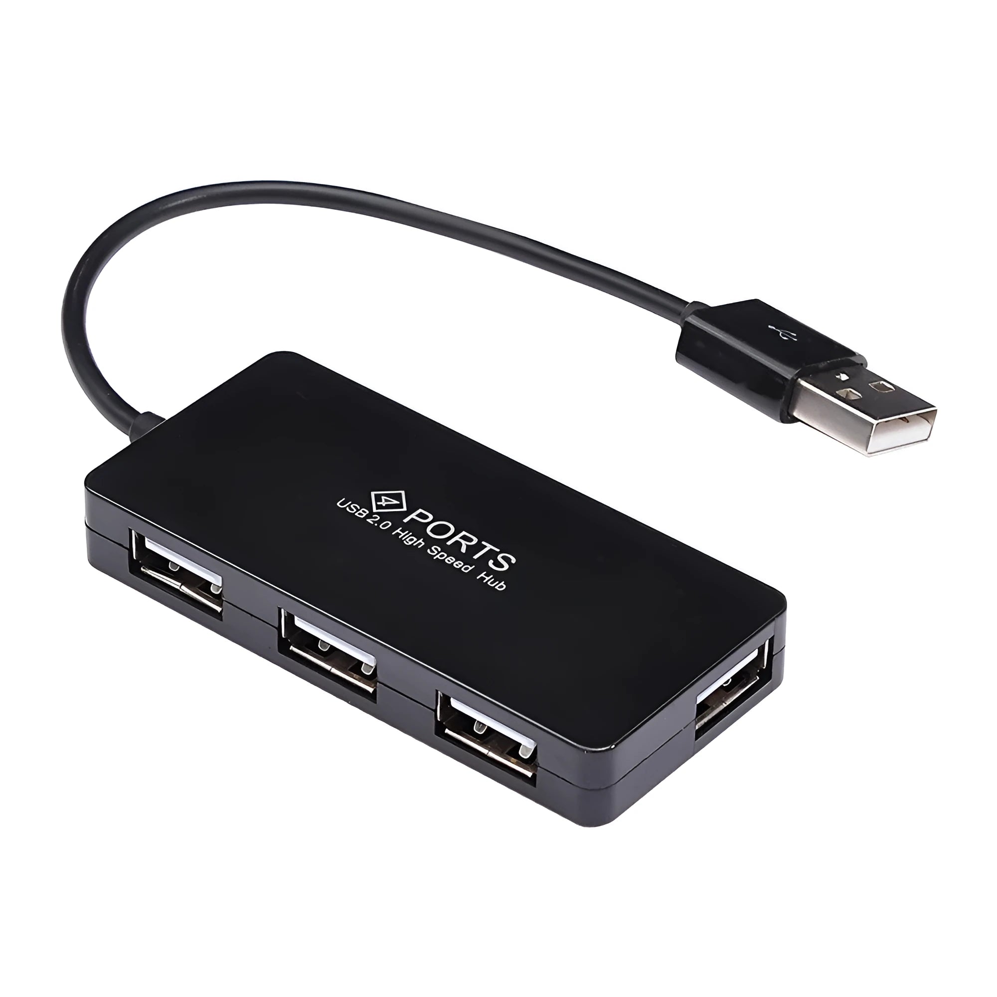 Black 4-port USB hub with 14.5cm cable and compact rectangular casing