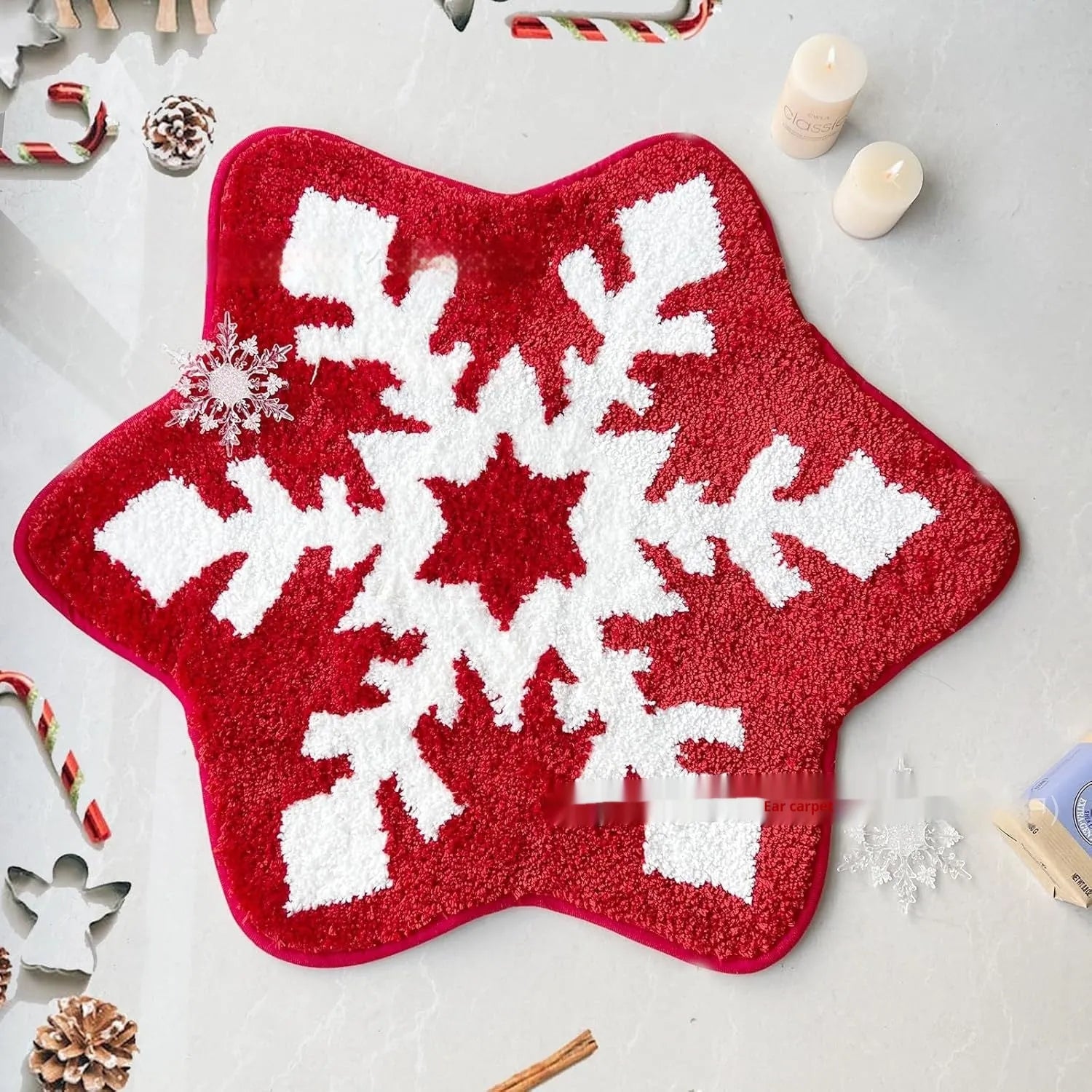 Square Christmas-themed polyester carpet with festive printed design, shown in 60cm and 80cm sizes.