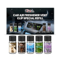 Pack of five 10ml car air freshener refill bottles for vent clips in lavender, vanilla, citrus, cologne and ocean scents.