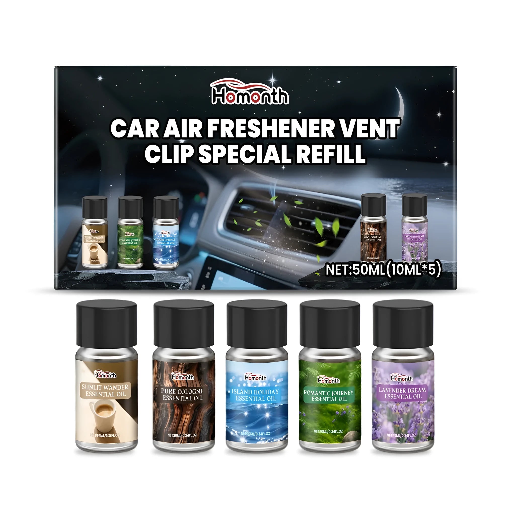 Pack of five 10ml car air freshener refill bottles for vent clips in lavender, vanilla, citrus, cologne and ocean scents.