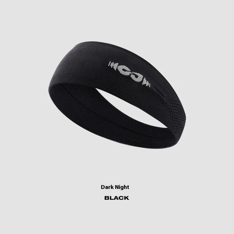 Seamless knitted unisex exercise hair band in black, shown worn during activity.