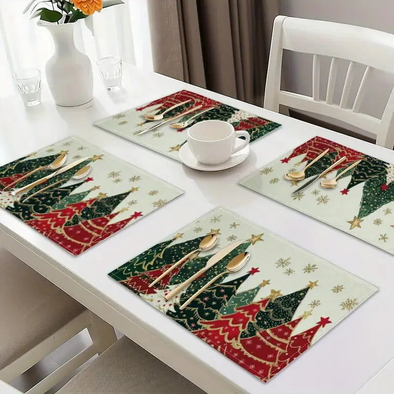 Christmas linen placemat with tree print in square shape 30x45cm on dining table