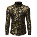 Man wearing a metal bronzing printed lapel shirt cardigan in wine red, showcasing the casual long sleeve design.