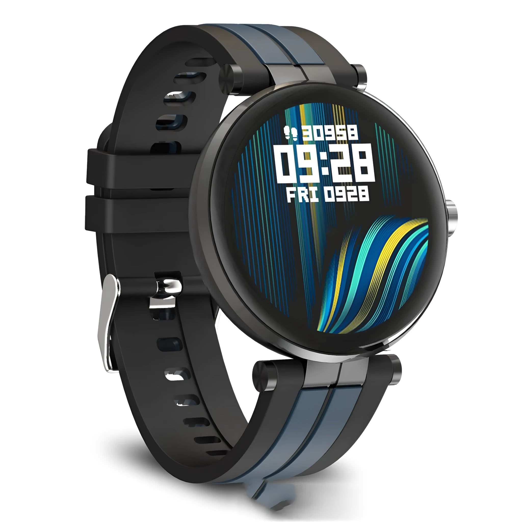 Black smart watch with heart rate monitor on a silicone strap, showing a 1.3-inch display.