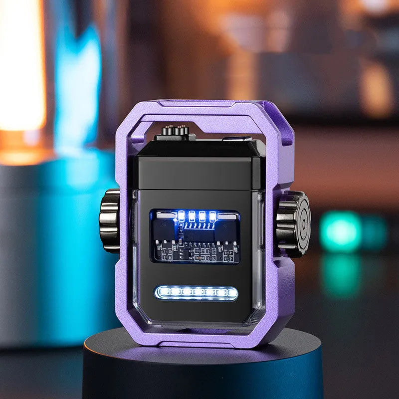 Blue windproof electric plasma lighter with a spinning metal gyroscope, shown folded and unfolded.