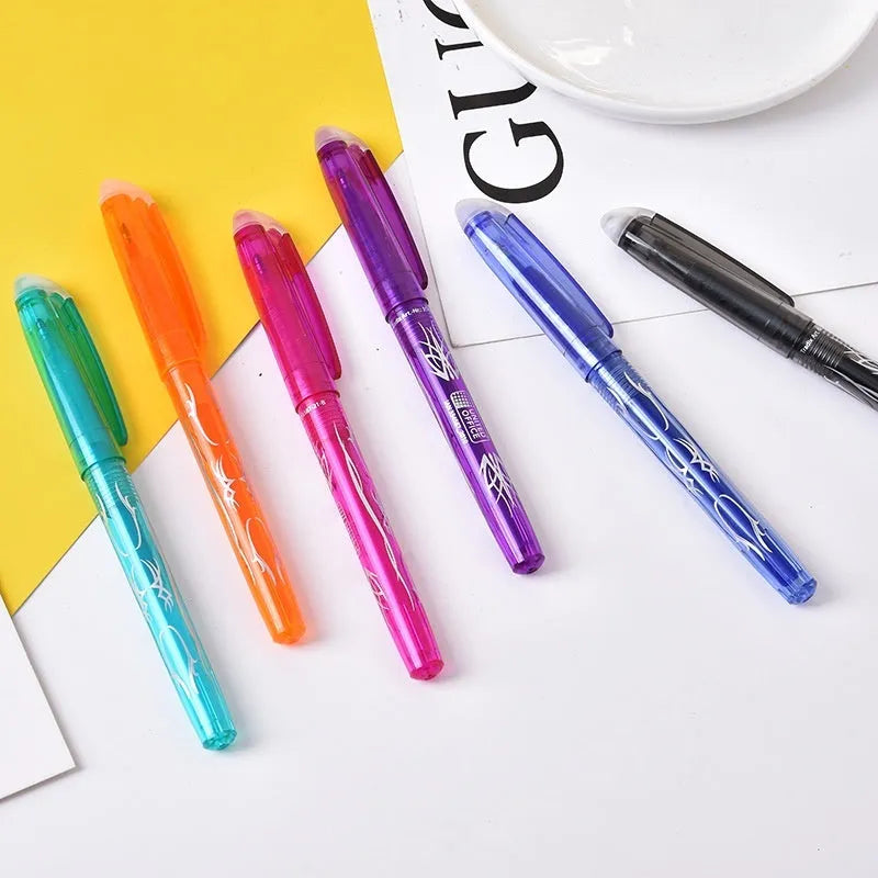 Heat-erasable gel pen set with multiple colours showing plastic bodies and stainless steel nibs