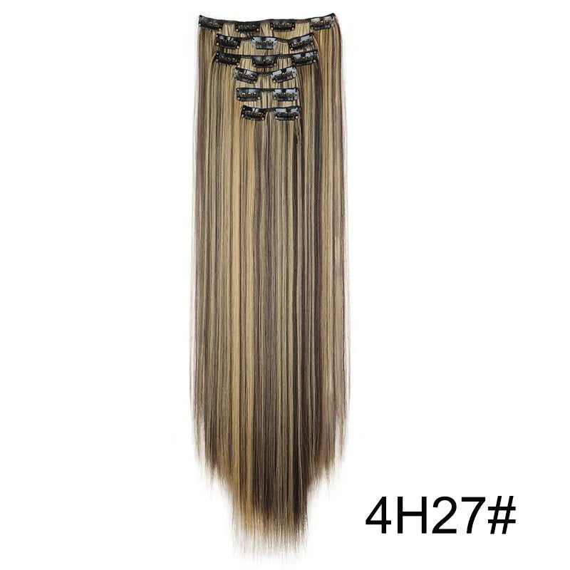 Straight wig extension set 60cm long in multiple high temperature fibre colour options for ladies