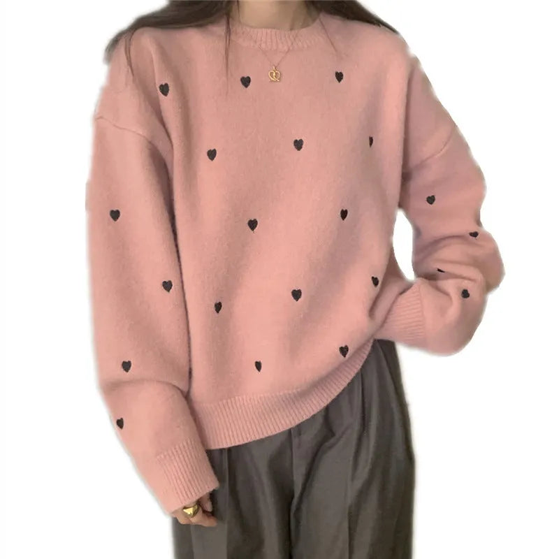 Women's loose fit acrylic pullover sweater with embroidery detail in milky white, grey, or pink.