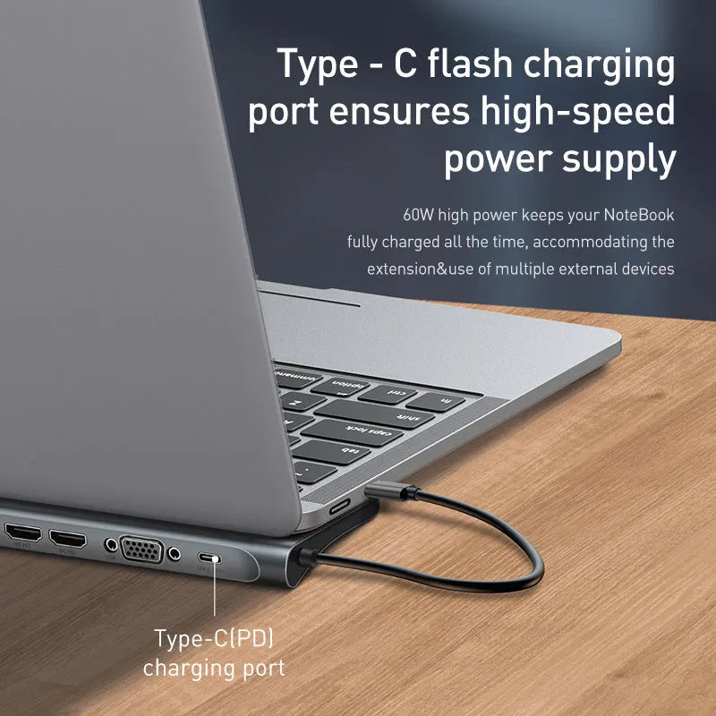 Grey aluminium ten-port USB C docking hub with cooling bracket, showing HDMI, VGA, Ethernet, and USB ports.