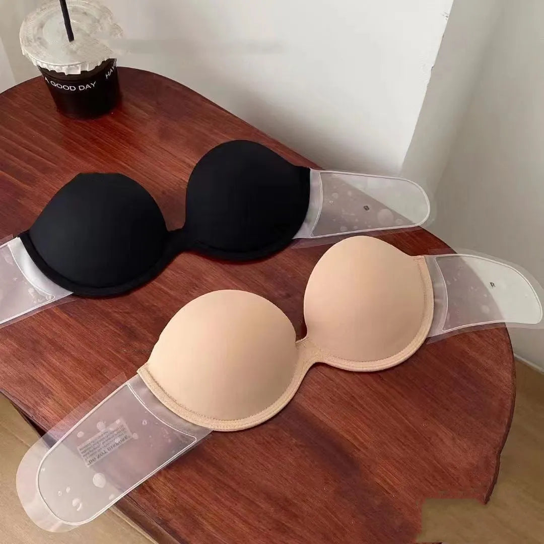 Strapless invisible back push-up bra in skin colour with moulded cup and steel ring