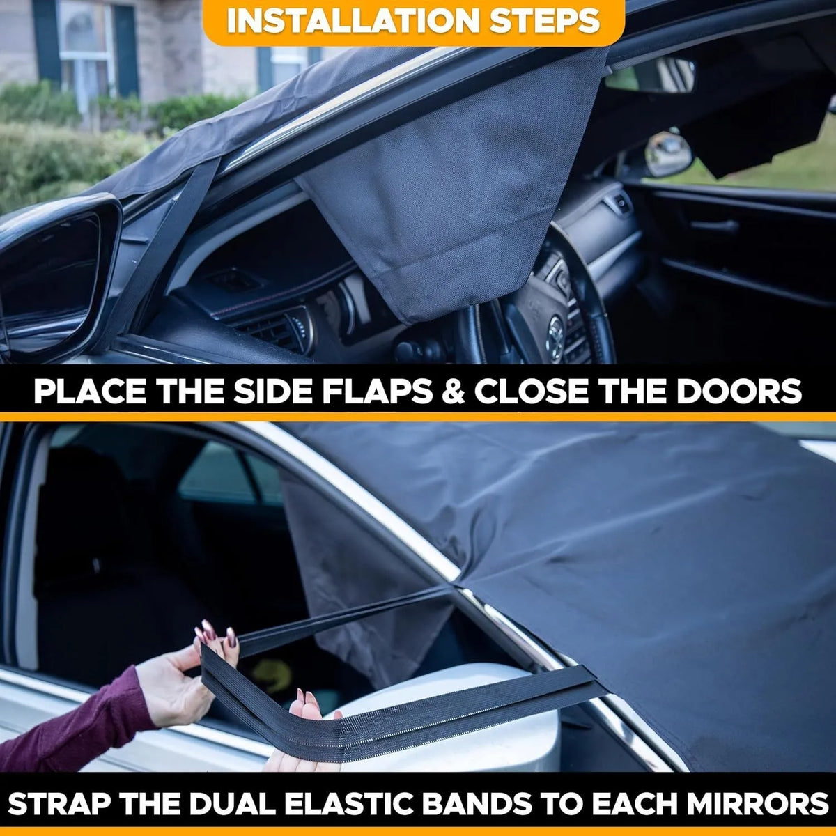 Car front windshield snow-proof cover in black aluminium foil for winter frost protection