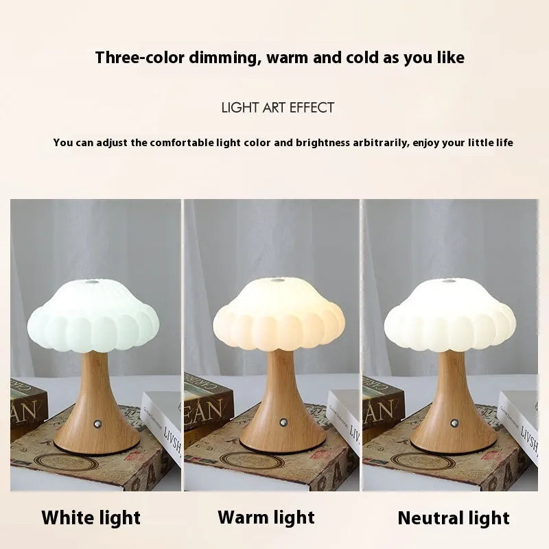 Modern creative mushroom-shaped touch night lamp in wood grain colour, 160mm wide.