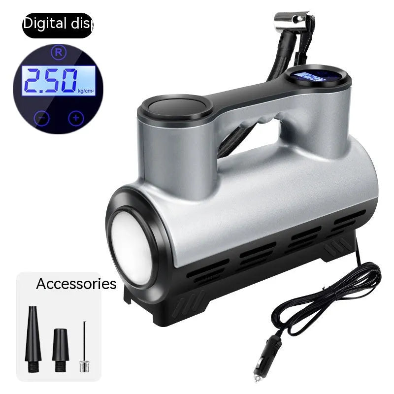 12V portable car air pump with pressure gauge and LED light on black ABS housing