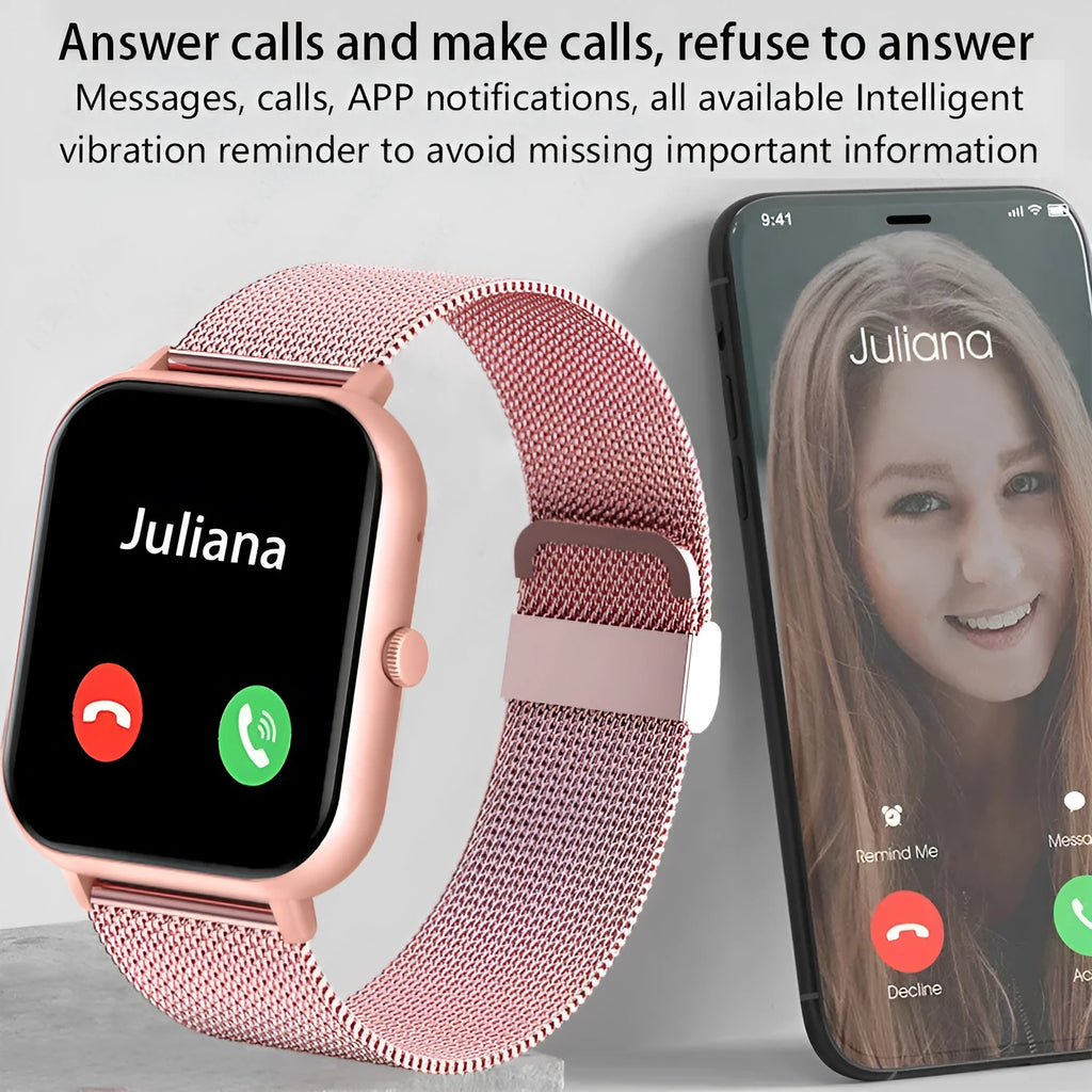 Smart watch with AMOLED screen showing health monitoring functions including heart rate and blood oxygen
