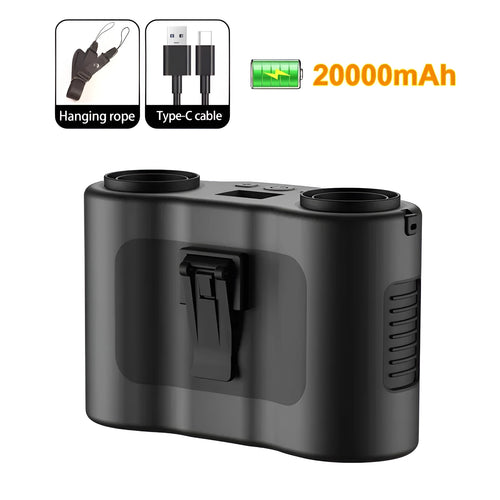 Black waist-hung personal fan with waist clip and lanyard, showing turbine blades and control button.