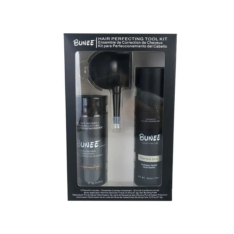 Dense hair fibre powder 275g canister with application nozzle and shaping spray bottle kit.