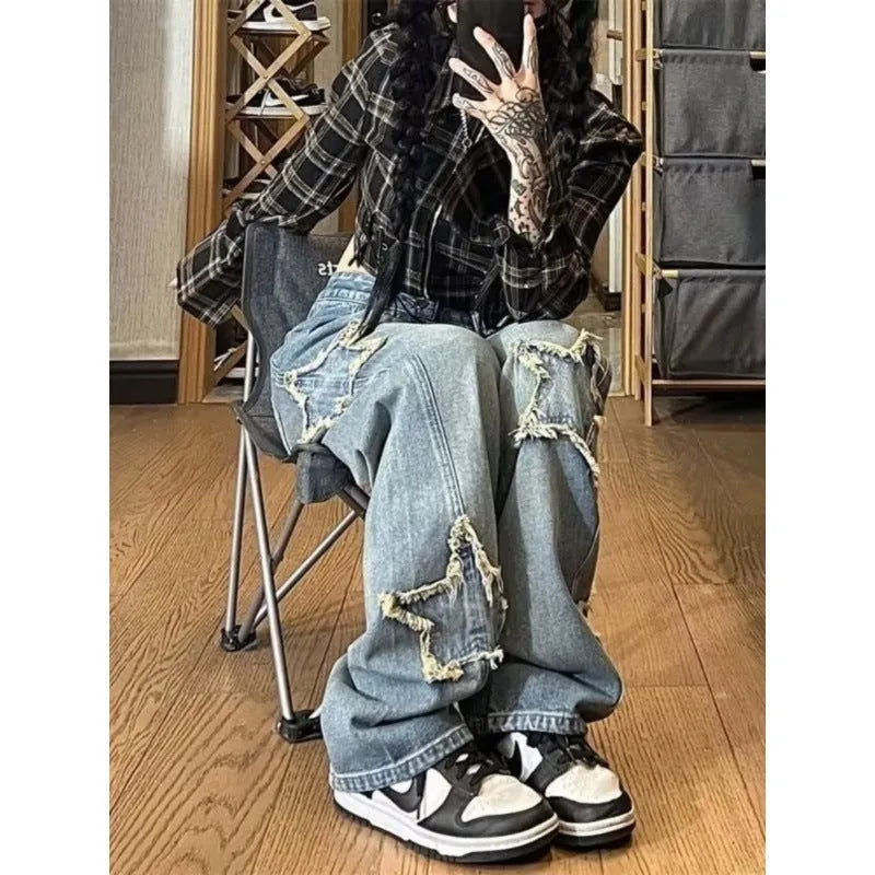 Blue high-waist wide-leg denim jeans showing straight cut design on mannequin