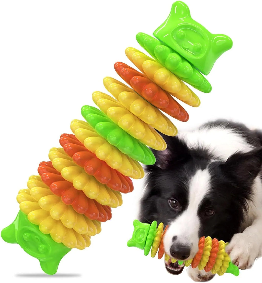 Blue rubber caterpillar-shaped chew toy for dogs on a plain background.