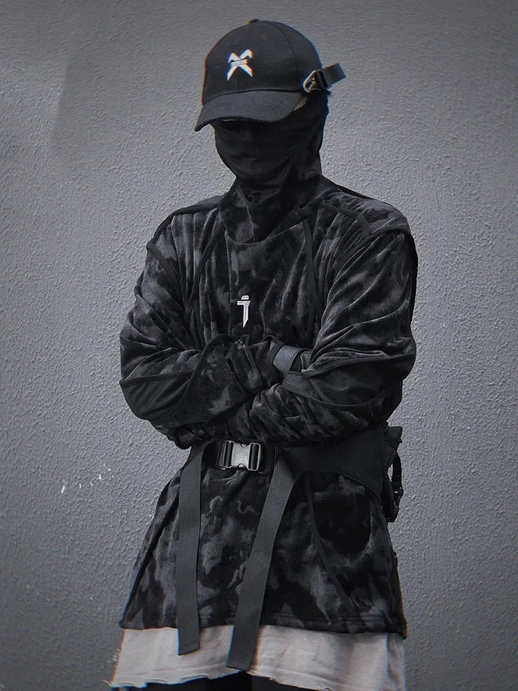 Men's black and gray tie dye print sweater with finger turtleneck and loose drop-shoulder sleeves.