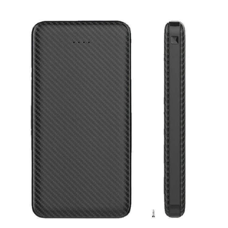 Black portable power bank with multi-port USB output, slim 139x70x15mm size, 10000mAh capacity