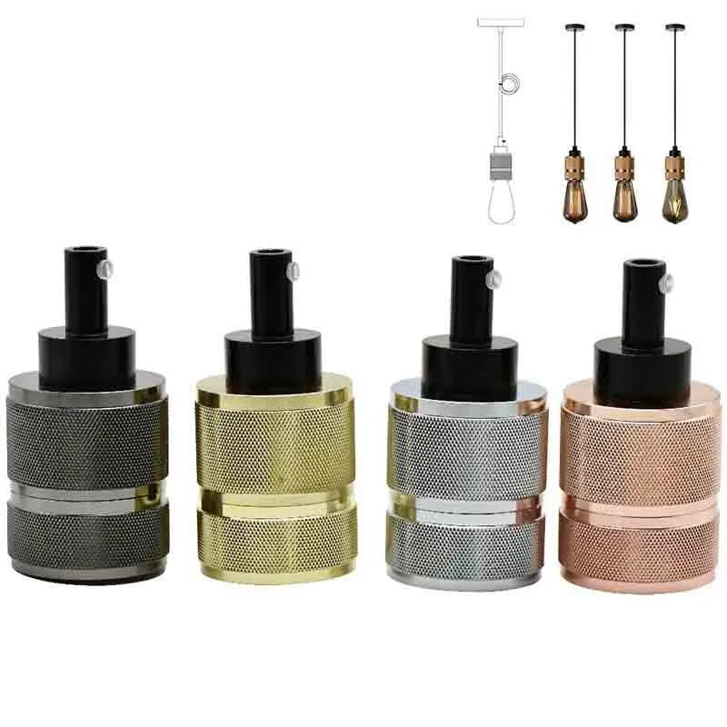 DIY retro chandelier assembly kit showing braided power cord and electroplated lamp holder in chrome finish.