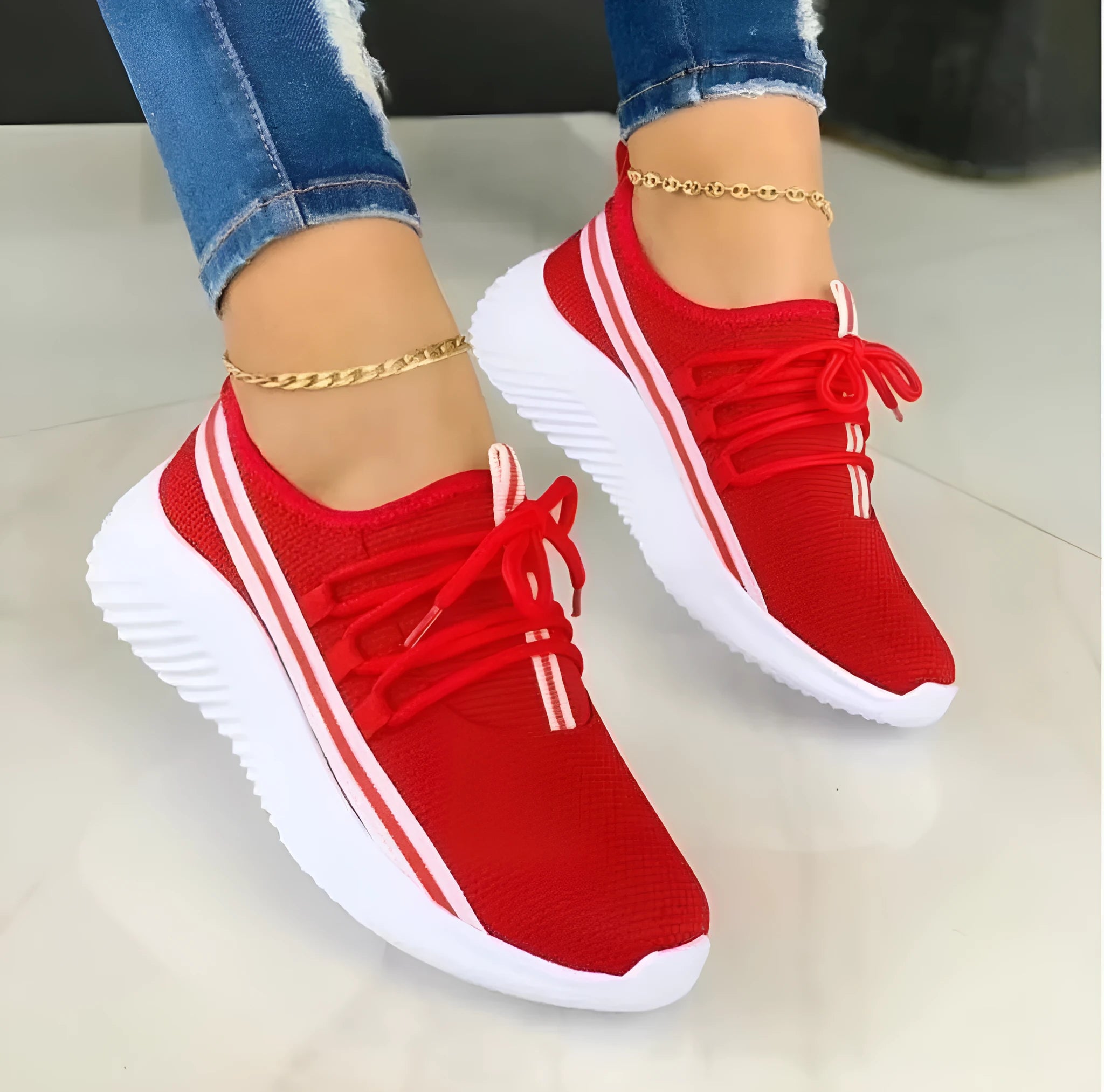 Women's stripe sneakers sports shoes with mesh upper, flat heel, and lace-up closure in beige