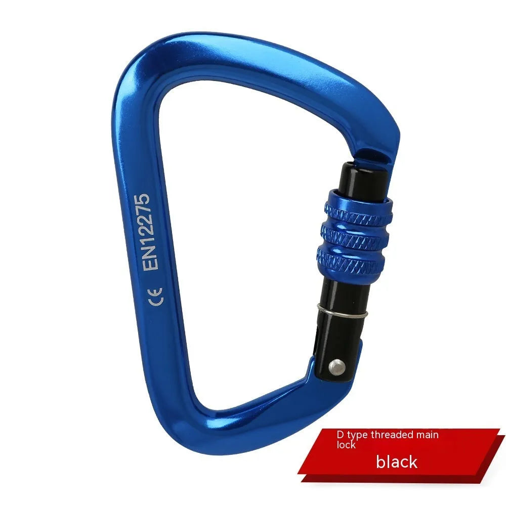 Steel D-shaped climbing carabiner showing automatic and screw-gate types in assorted colours.