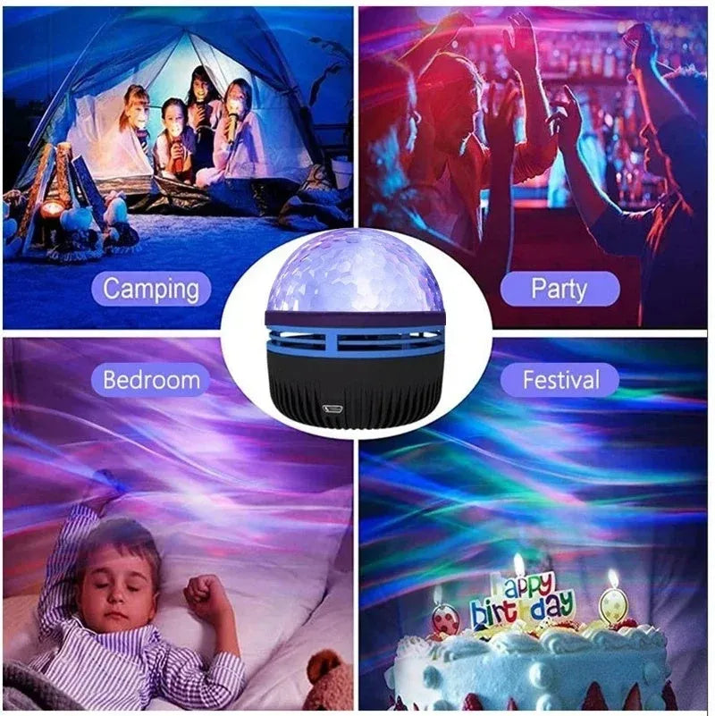 LED galaxy projector lamp with acrylic shade showing colourful rotating star patterns for bedroom or party use