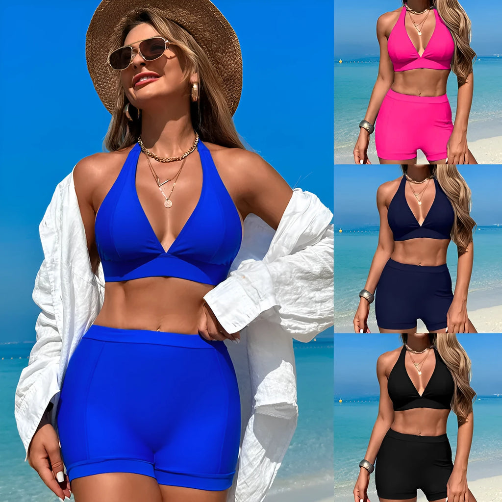 Women's two-piece nylon bikini swimsuit in black, pink, purple blue, or sapphire blue for swimming.