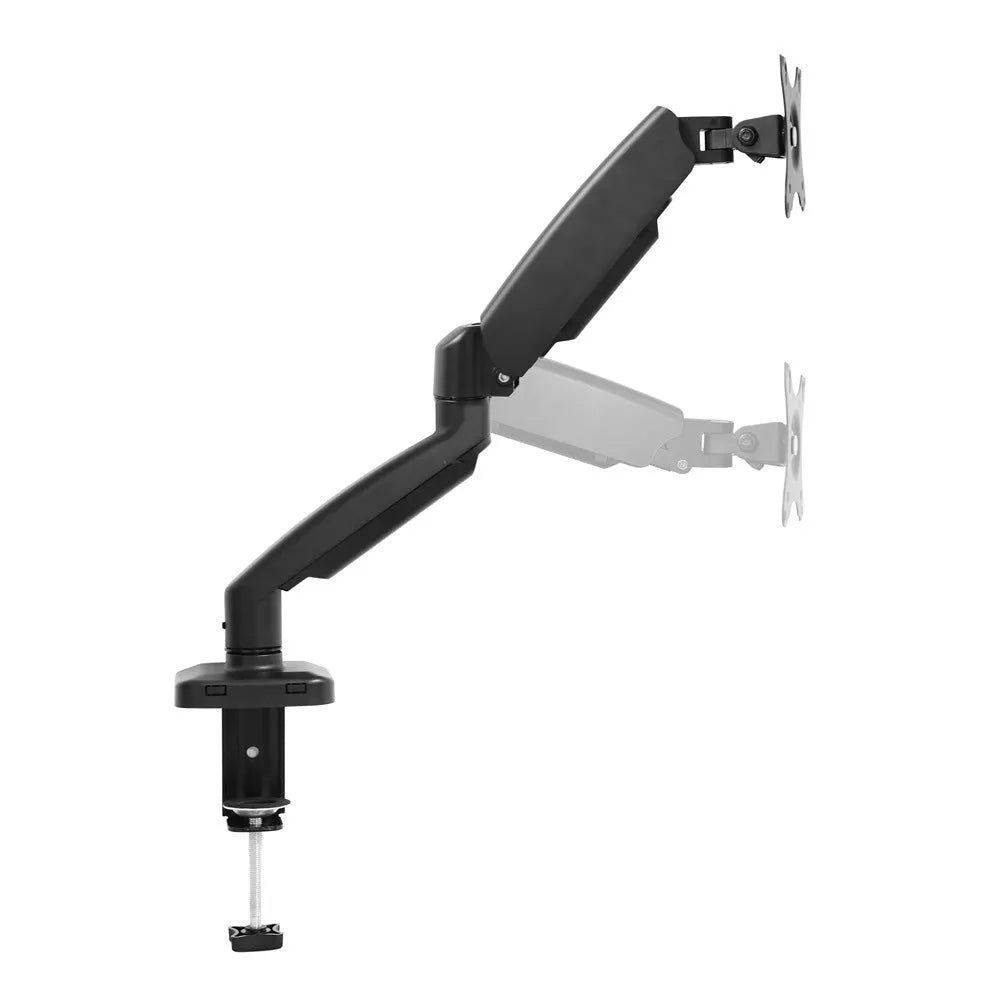 Black rotating telescopic LCD screen bracket mounted on desk edge showing adjustable arm and elevated rack design