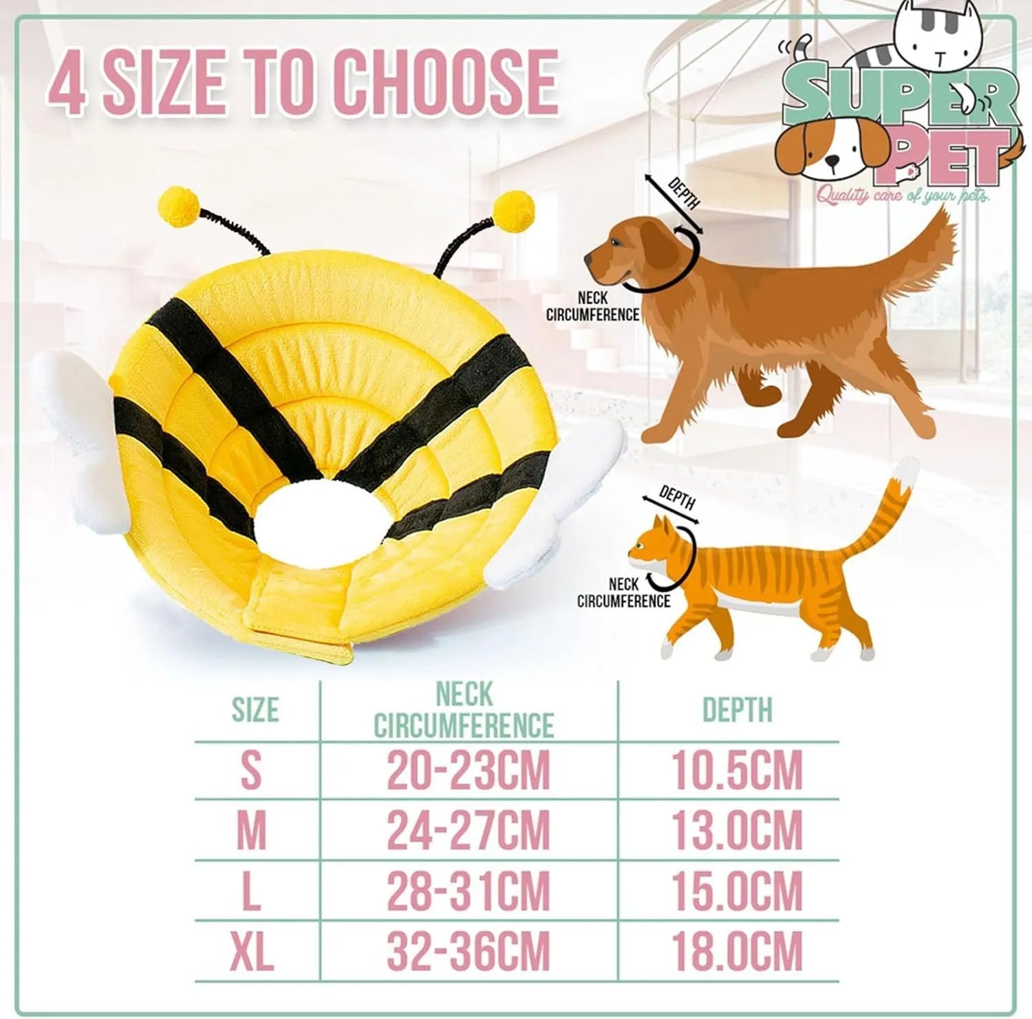 Soft cat cone collar with bee design showing adjustable velcro closure for wound protection