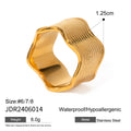 Stainless steel women's ring with wide geometric wave design in silver or rose gold tone.