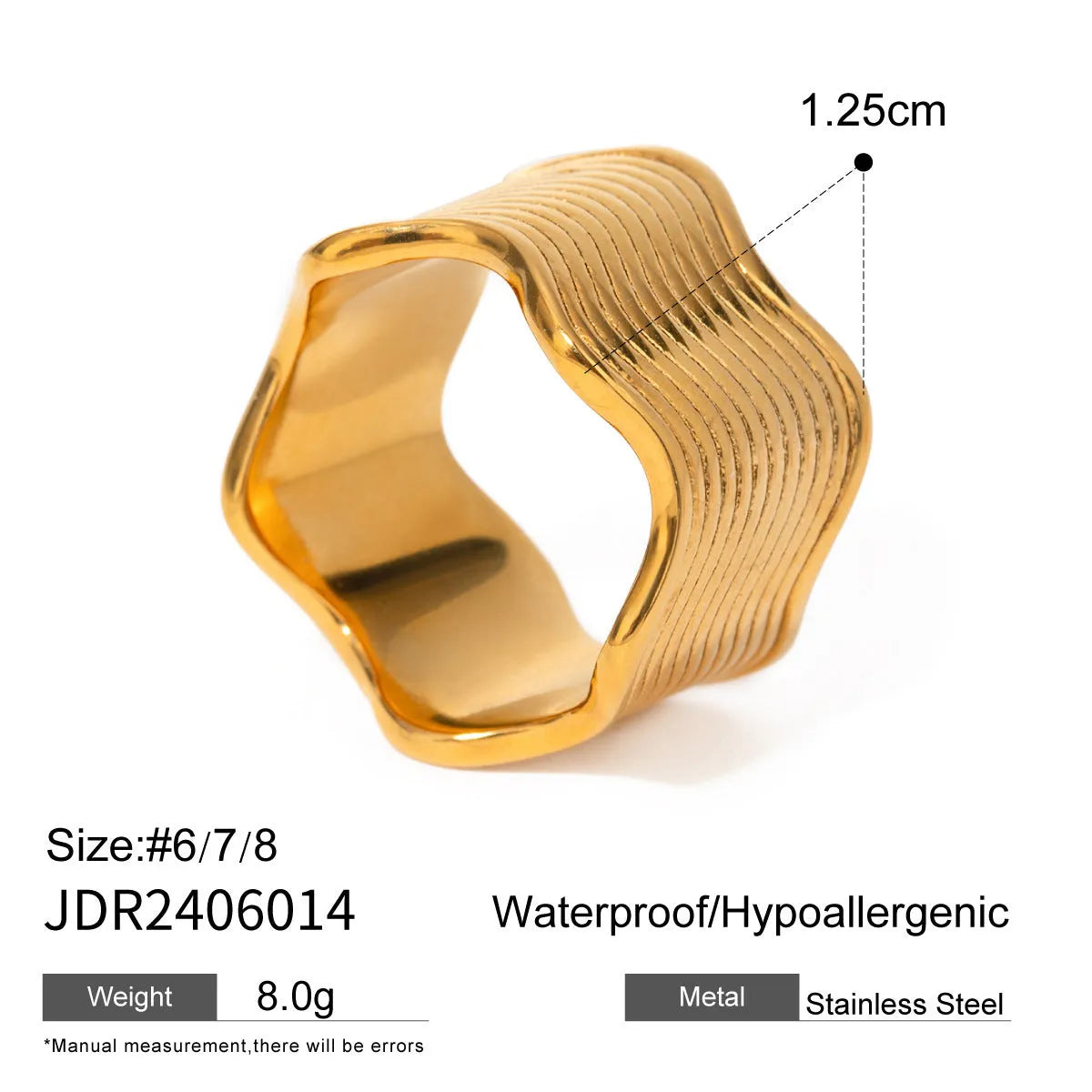 Stainless steel women's ring with wide geometric wave design in silver or rose gold tone.