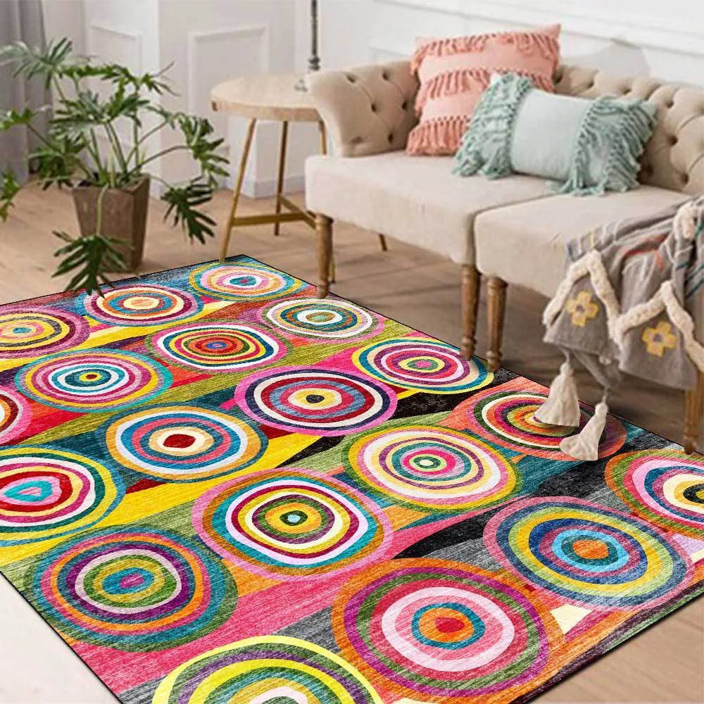 Round striped ethnic carpet with Indian Moroccan coloured circles in polyester fibre, available in multiple sizes