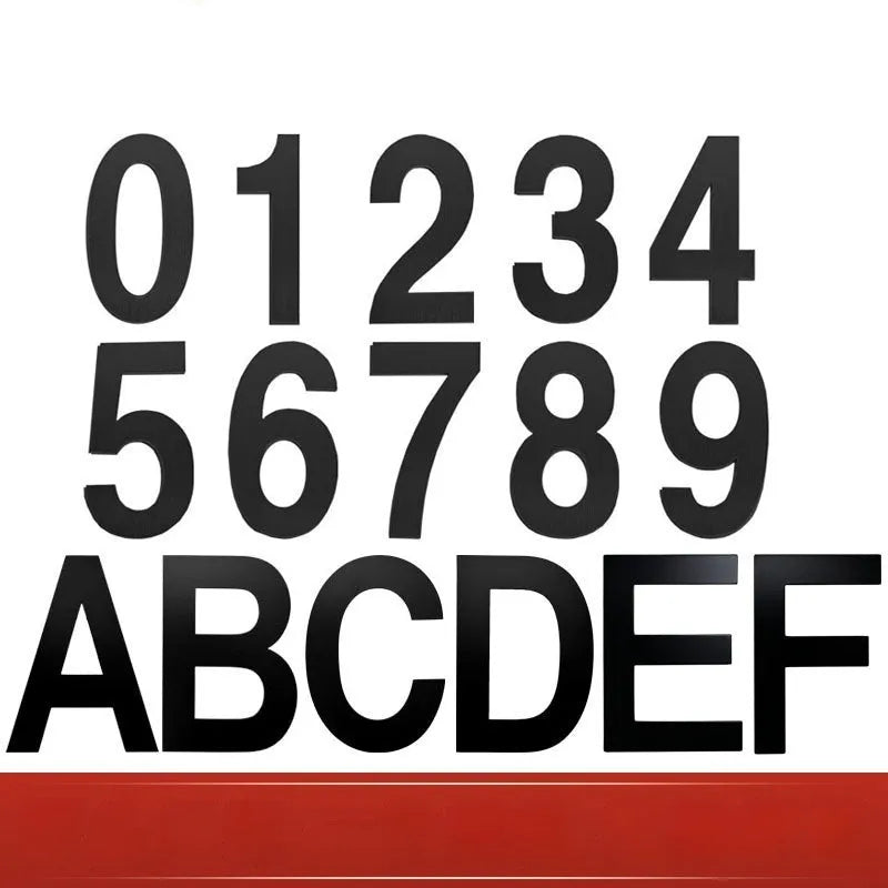 Black stainless steel self-adhesive house number sign with sticky backing, 7.5cm high.