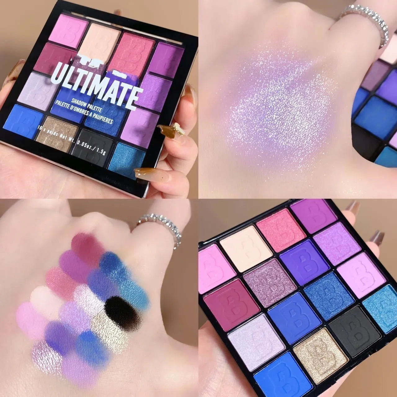 Matte pearlescent eye shadow plate with 16 colours in a compact tray, suitable for dry skin, includes Flower Fairy theme