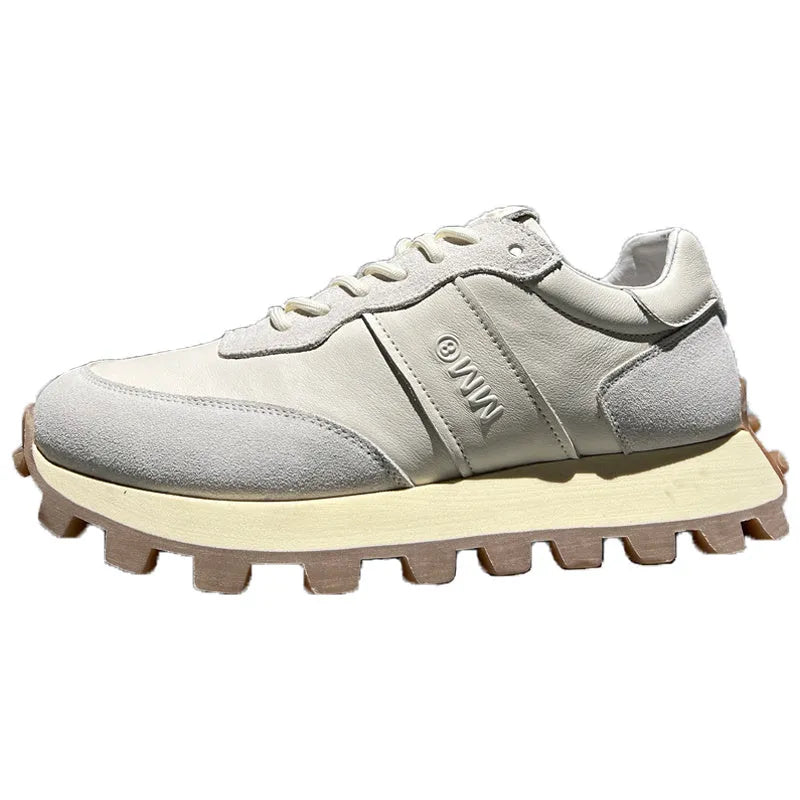 Men's black colour block lace-up sports shoes with head layer cowhide upper and thick rubber sole