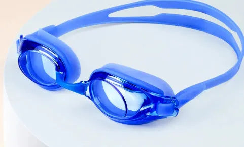 Adult swimming goggles with myopia correction lenses and a hard protective storage case.